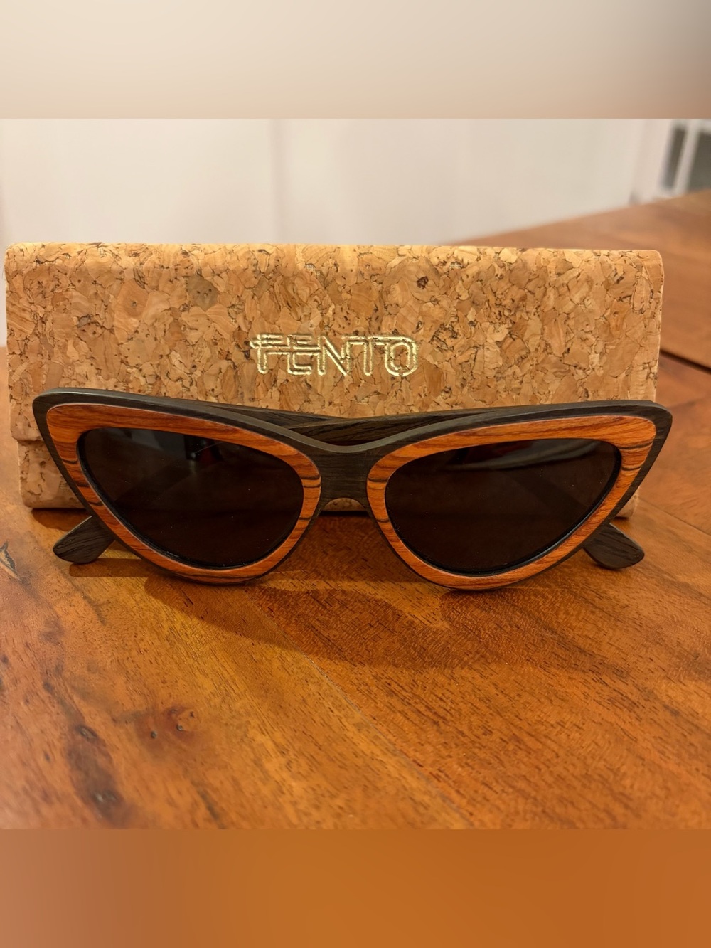 Fento Handmade Wooden Sunglasses Cat-Eye Layered Two-Tone Wood Grain & Cork Case